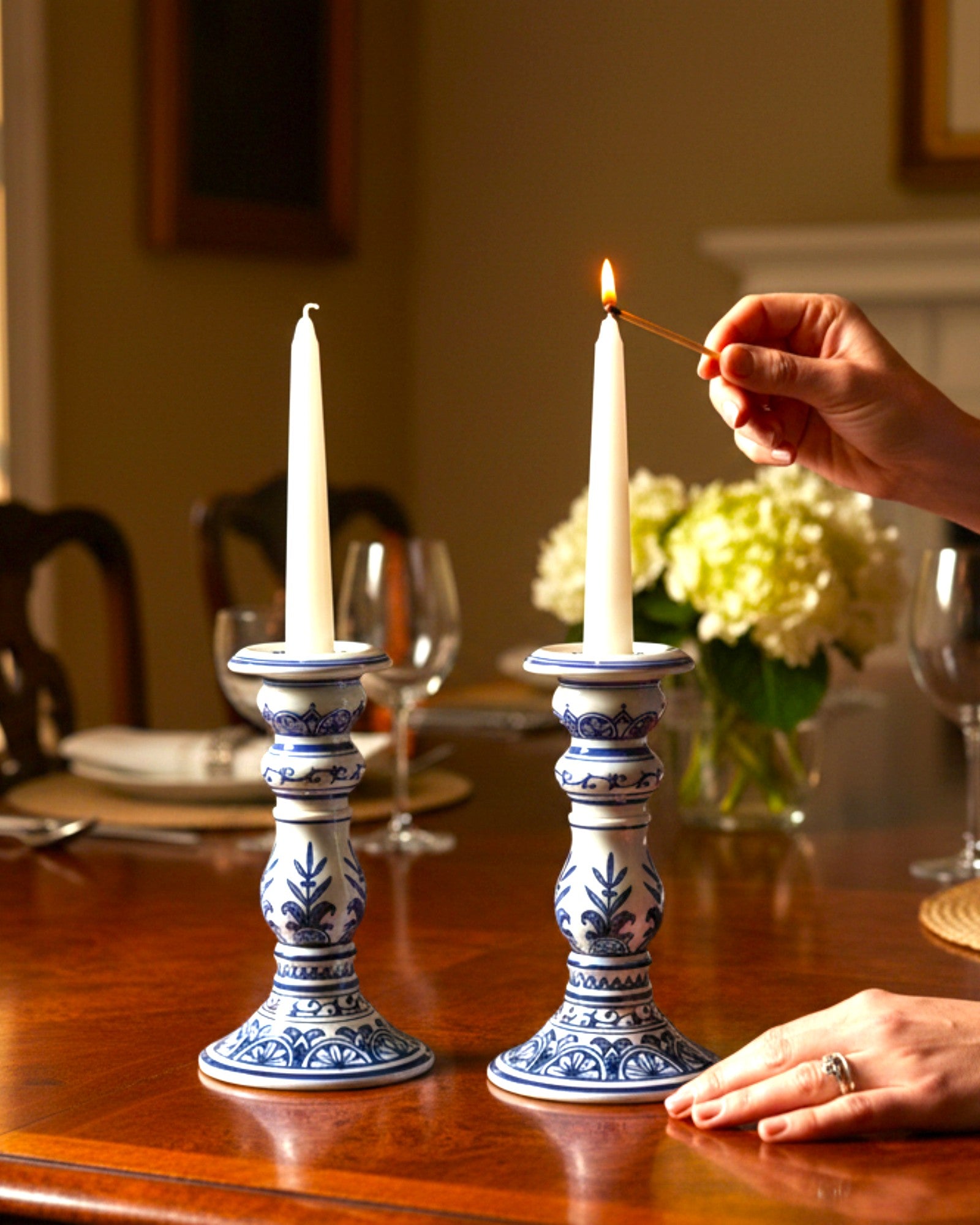 Chinoiserie Porcelain Candlestick 8"H x 4"- Set of 2