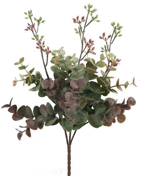 11" PLASTIC MINI EUCALYPTUS BUSH OLIVE GREEN/BURGUNDY