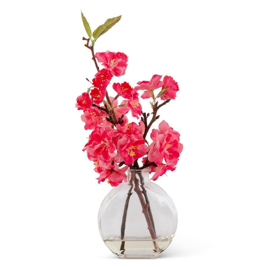 12 Inch Cherry Blossom In Flat Round Glass Vase