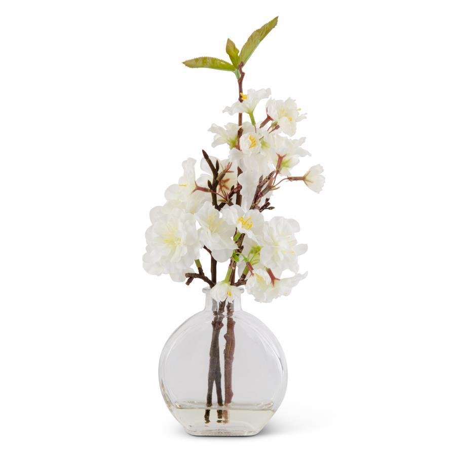 12 Inch Cherry Blossom In Flat Round Glass Vase