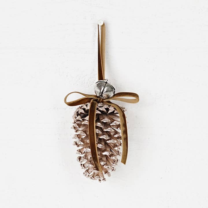M32878- 6inL Hanging Décor-Jumbo Pinecone W. Bell-Champagne