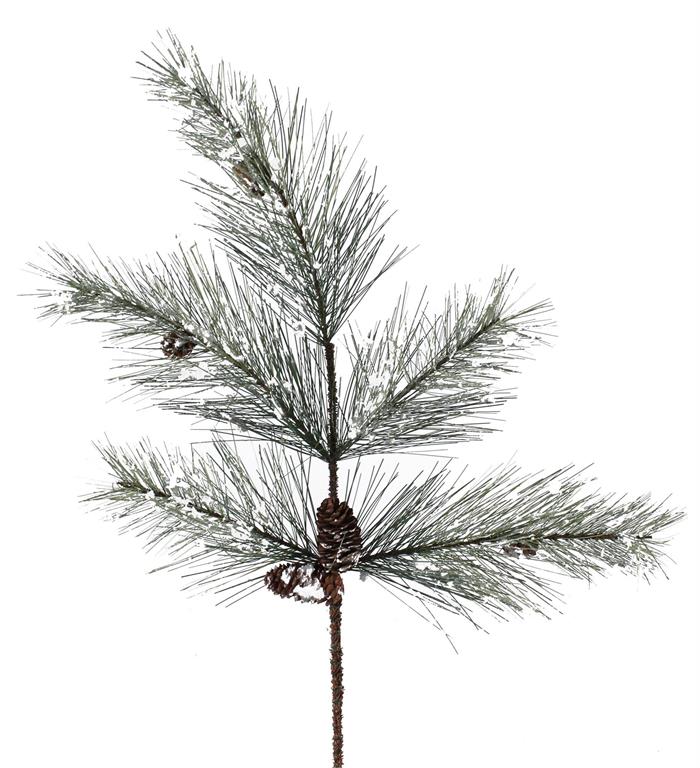 24" NORTHWOODS PINE FLOCKED SPRAY, TWO TONE GREE WITH PINE CONES, 5 TIPS