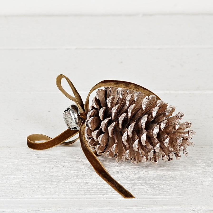 M32878- 6inL Hanging Décor-Jumbo Pinecone W. Bell-Champagne