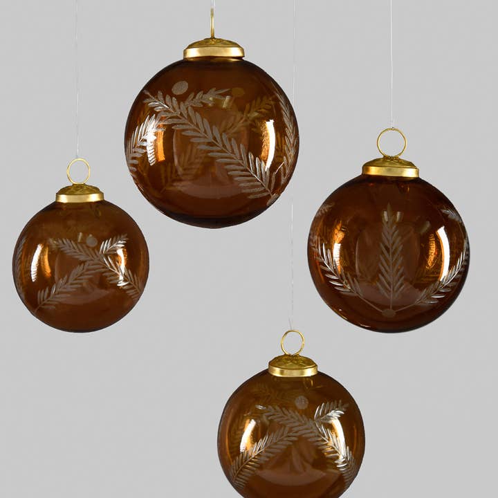 4in Round Almira Palm Amber Luster Glass Ornament, Set of 4