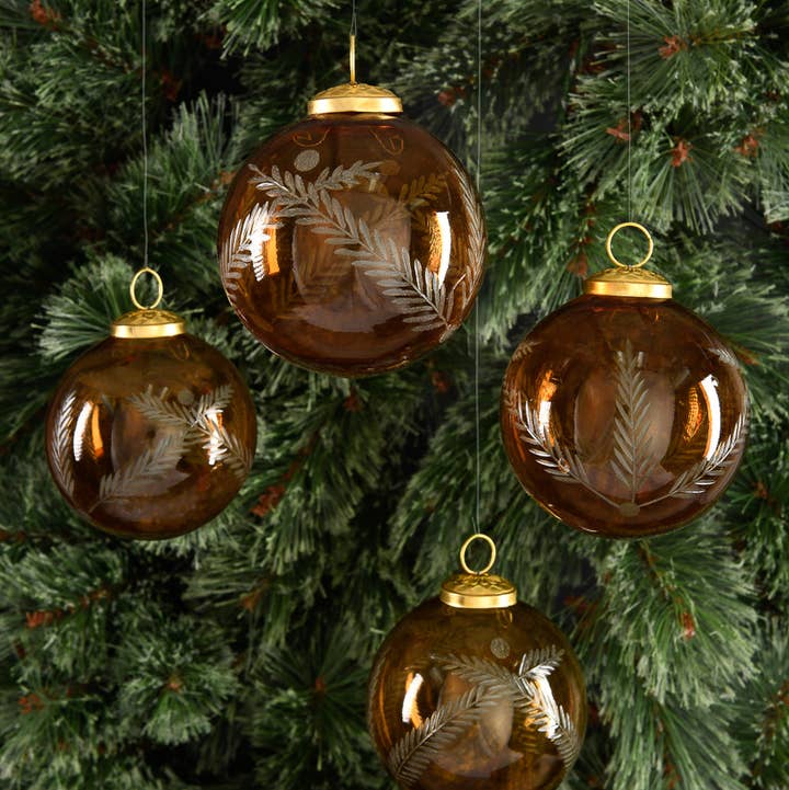 4in Round Almira Palm Amber Luster Glass Ornament, Set of 4