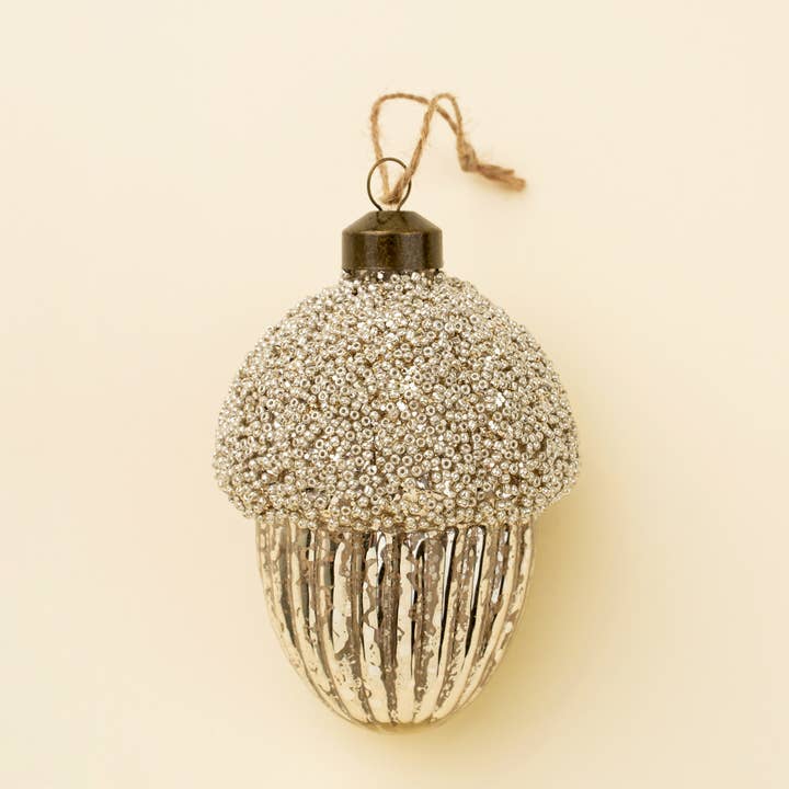 Glitter Acorn Glass Holiday Ornament