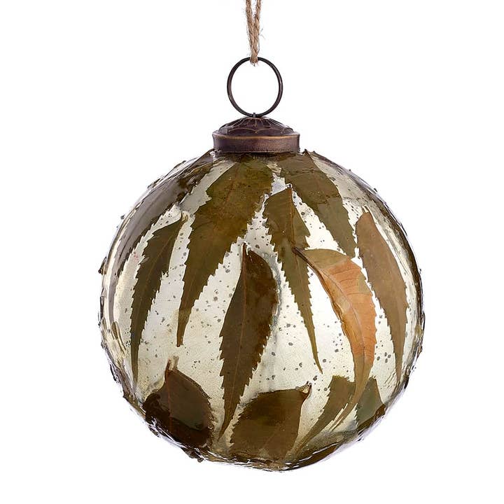 Leaf Pattern Glass Ball Ornament Green | 4"