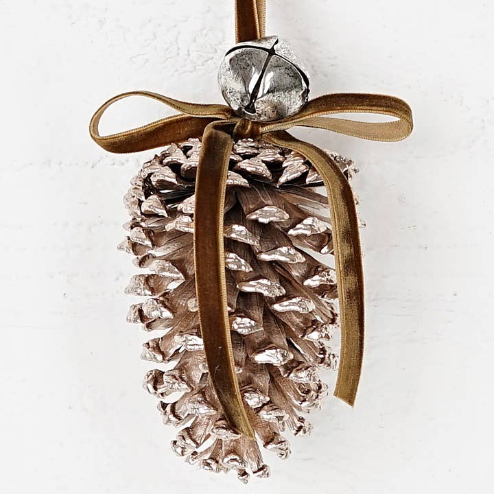 M32878- 6inL Hanging Décor-Jumbo Pinecone W. Bell-Champagne