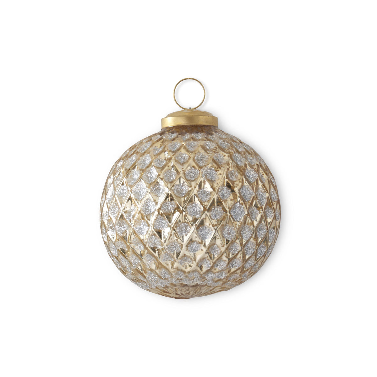 A spherical Christmas ornament with a textured gold and silver diamond pattern, featuring a gold hanging loop at the top, set against a plain white background.