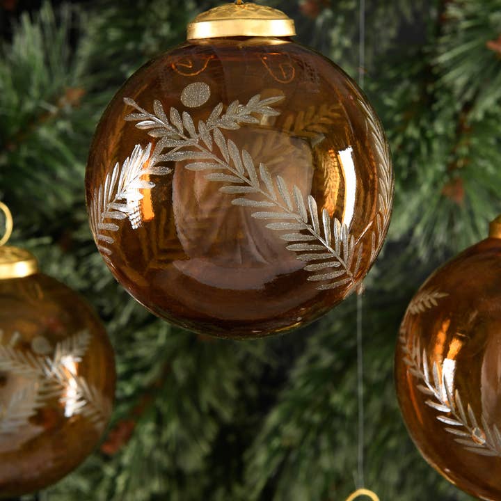 4in Round Almira Palm Amber Luster Glass Ornament, Set of 4