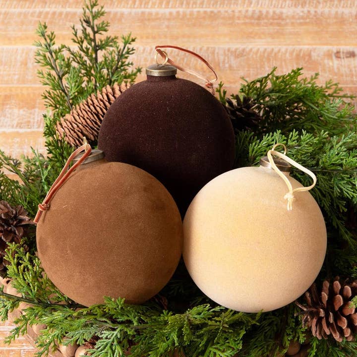 Flocked Ornament Balls - Caramel, Beige, Brown, Lg
