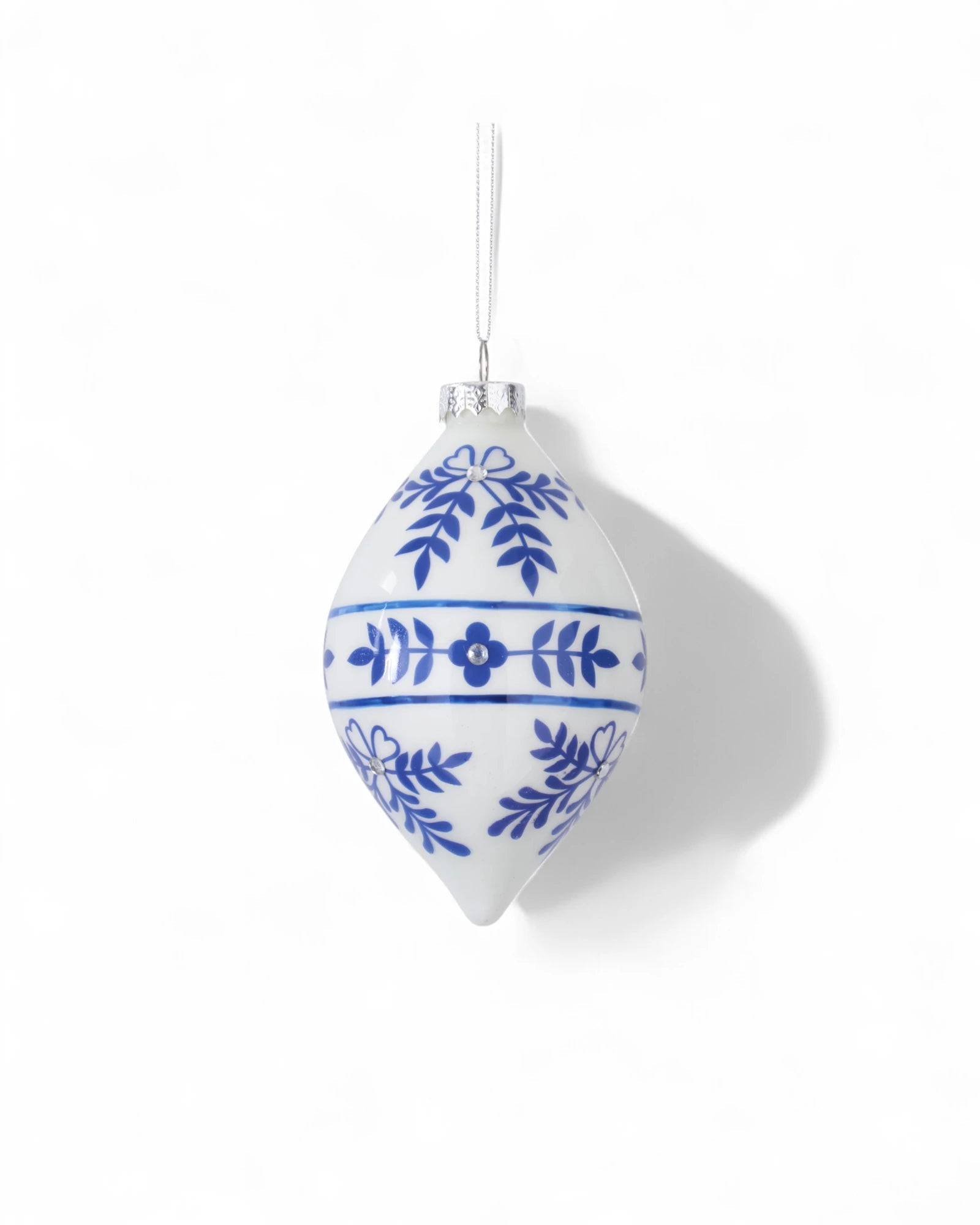 5.25 Inch White w/Blue Snowflake Glass Teardrop Ornament