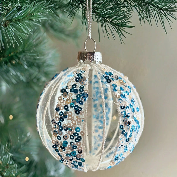 3 Inch Blue Sequin Glass Ornament