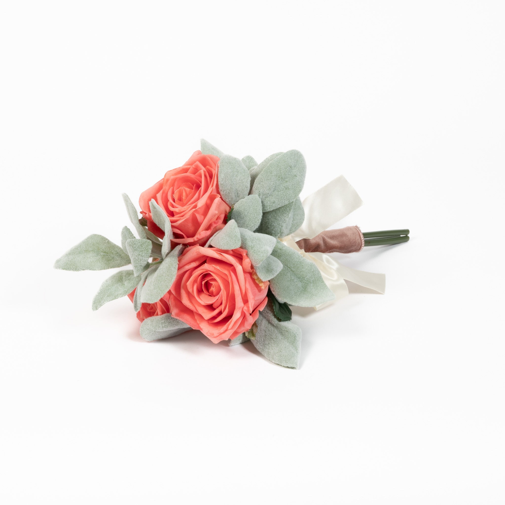 Coral Rose & Lambs Ear Bouquet 12 Inch