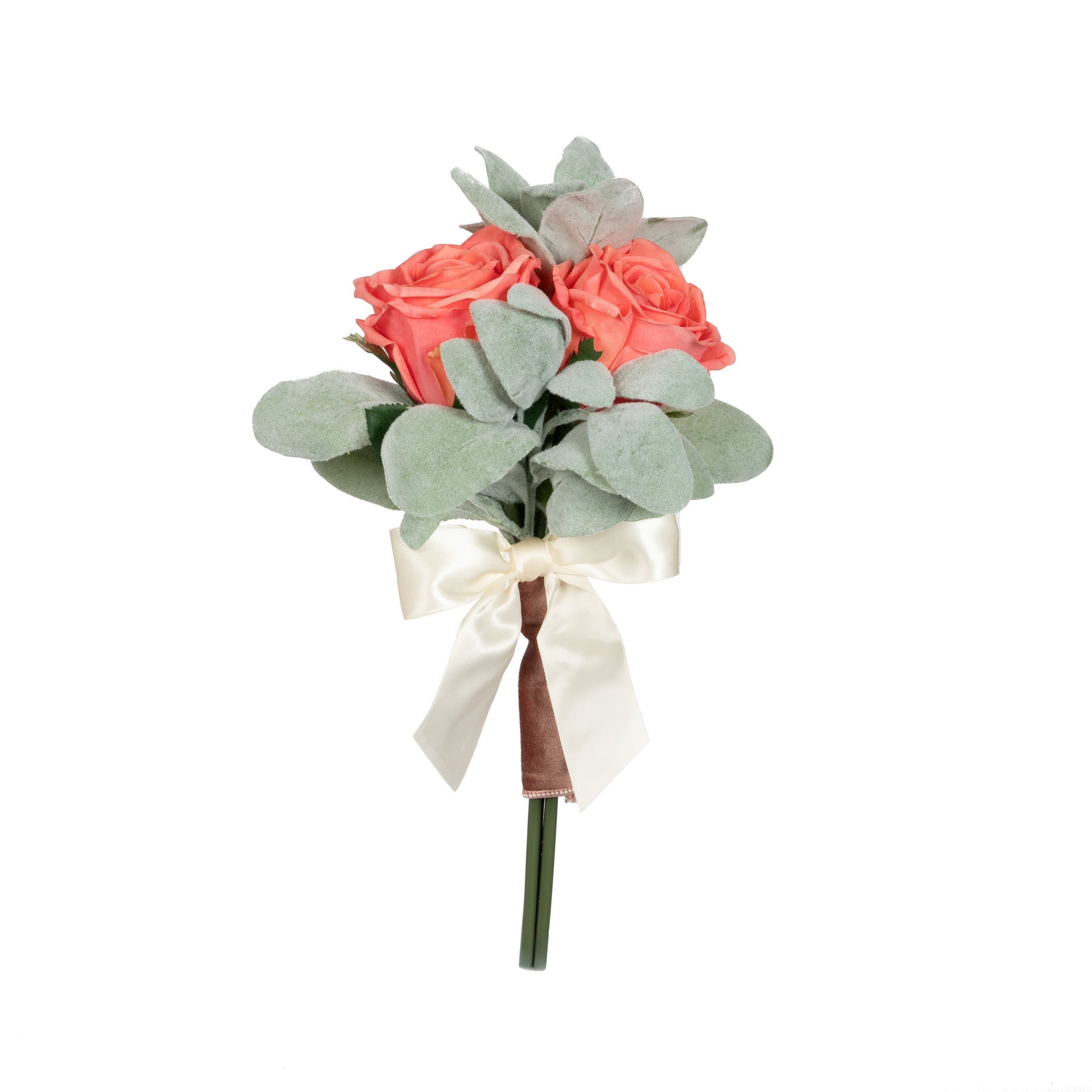 Coral Rose & Lambs Ear Bouquet 12 Inch