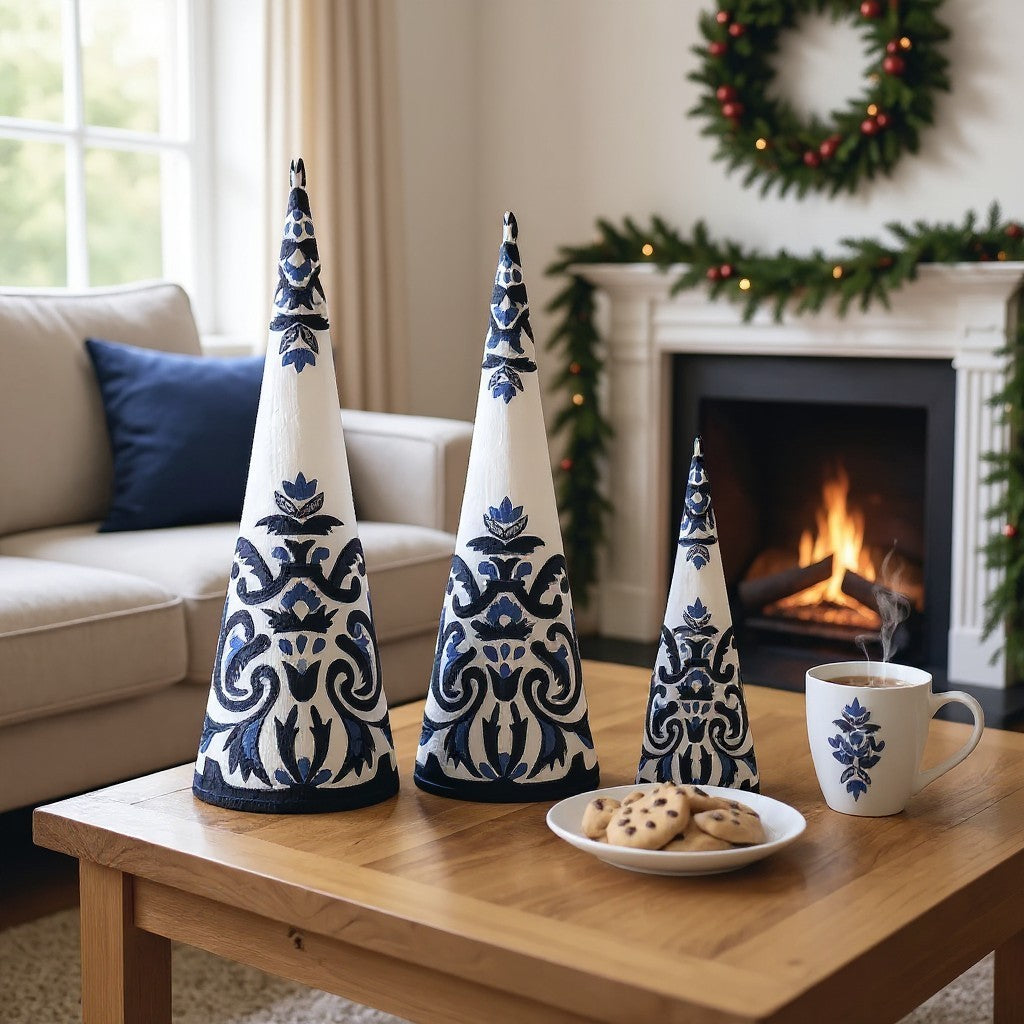 Set of 3 White & Royal Blue Linen Embroidered Cone