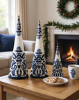 Set of 3 White & Royal Blue Linen Embroidered Cone