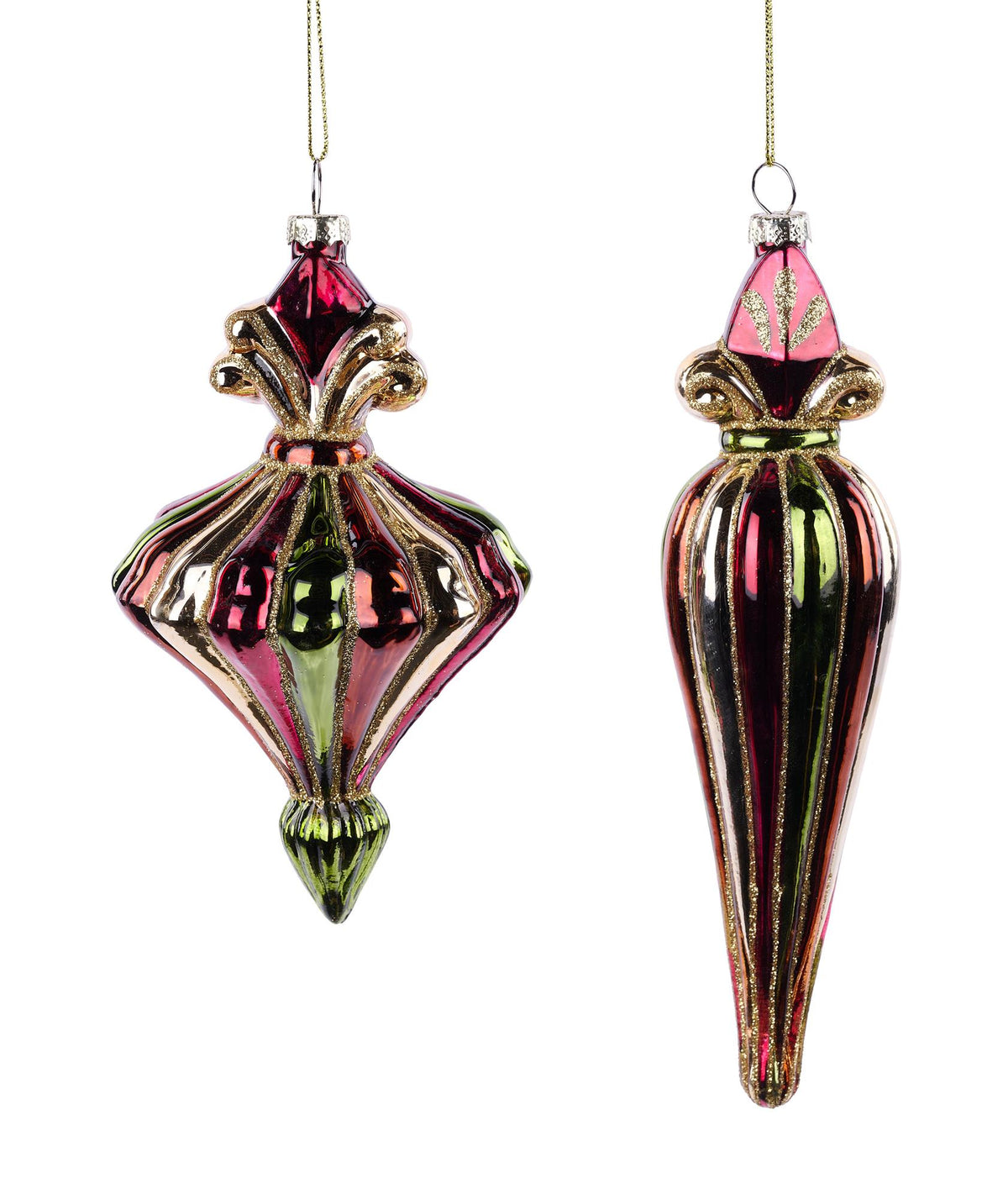 Set of 2 Green/ Bordeaux Finial Ornaments -8.5In