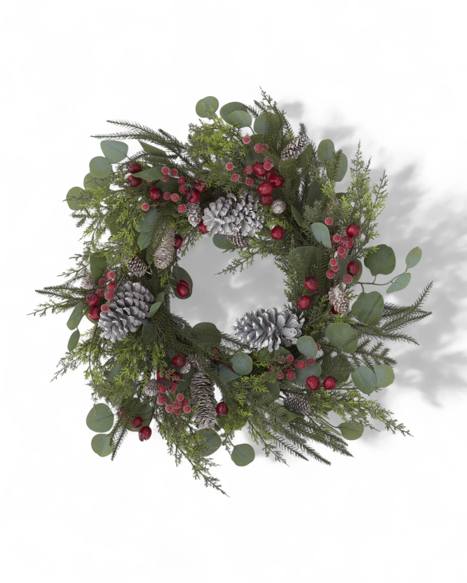 28 Inch Mixed Pine & Eucalyptus Wreath With Iced Red Berries