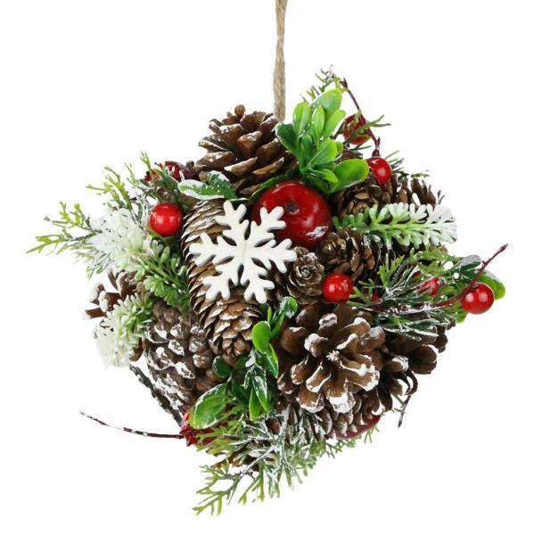 6.25" NATURAL/RED/WHITE SNOWED PINECONE/BERRY BALL ORNAMENT