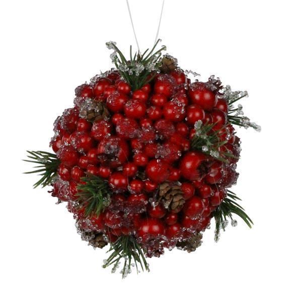 4"DIA RED AND GREEN BALL ORNAMENT WITH BERRY/PINE