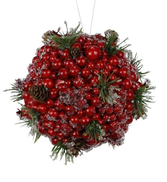 5"DIA RED AND GREEN BALL ORNAMENT WITH BERRY/PINE