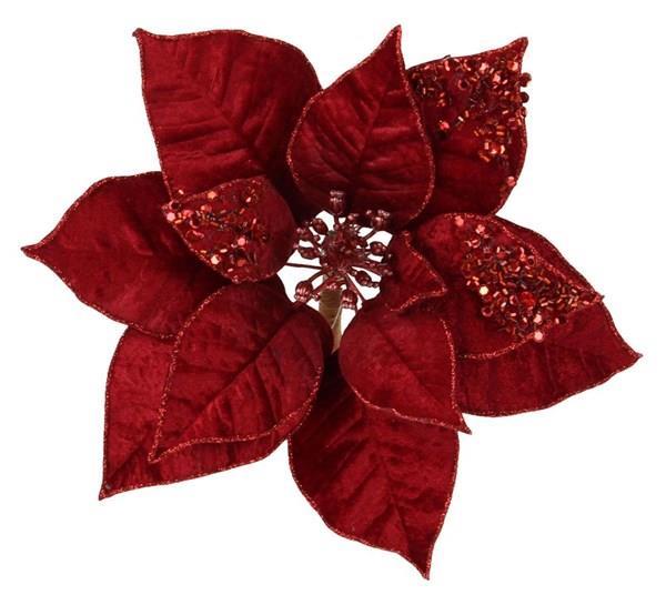 9" RED GLITTER/SEQUIN POINSETTIA WITH CLIP