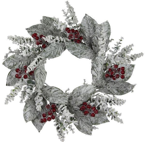 24" SNOW AND RED MAGNOLIA LEAF/EUCALYPTUS/BERRY WREATH