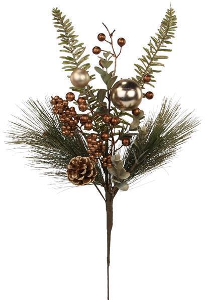 21.5" MULTI GREEN, GOLD AND COPPER METALLIC FERN/BERRY/CONE SPRAY