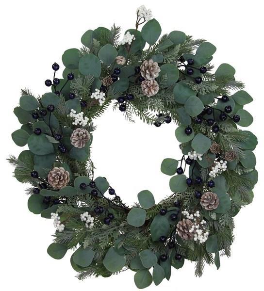 25.5" BLUE, WHITE AND MULTI GREEN SILVER DOLLAR EUCALYPTUS WREATH