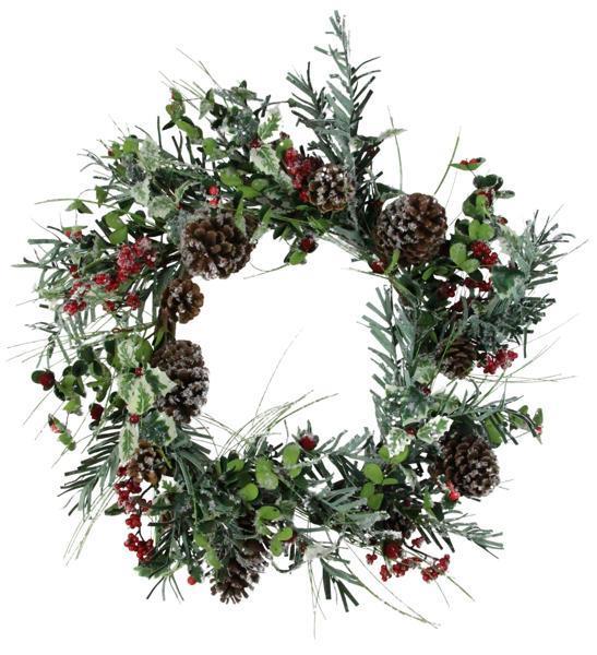 26" SNOW PINE/PINECONE/BERRY WREATH, GREEN, BROWN, WHITE AND RED