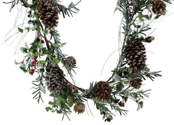 60" SNOW PINE/PINECONE/BERRY GARLAND, GREEN, BROWN, WHITE AND RED