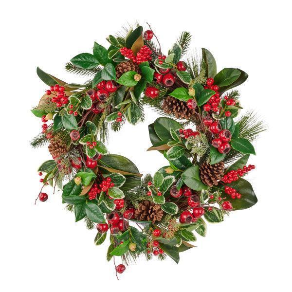 24" 2-TONE GREEN AND RED MAGNOLIA/PINE/HOLLY/BERRY WREATH