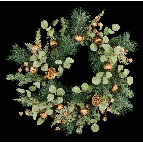 24"DIA GOLD AND GREEN ICED PINE/GLITTER LEAF/BELL WREATH