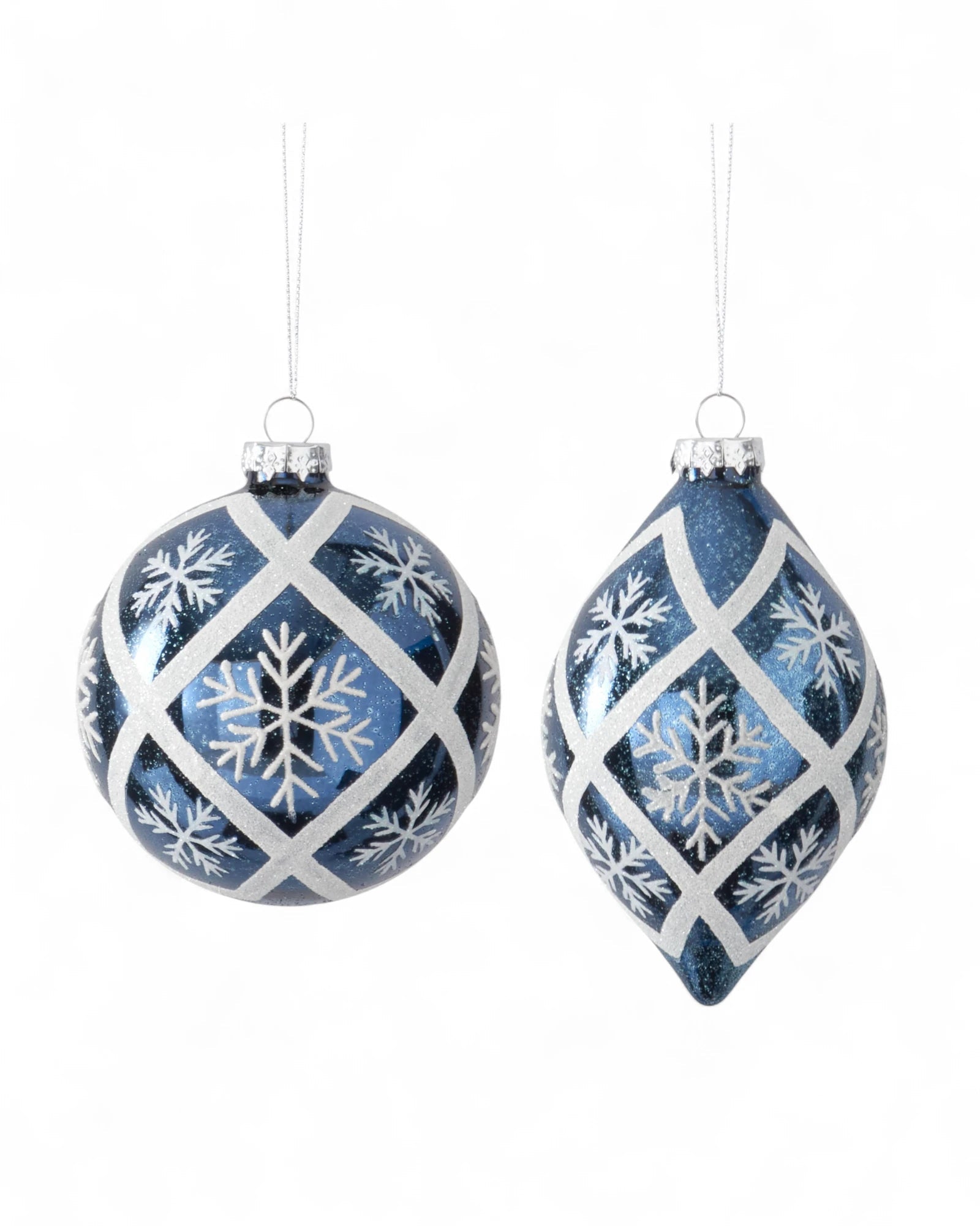 Blue & White Glittered Snowflake Glass Ornament- Set of 2