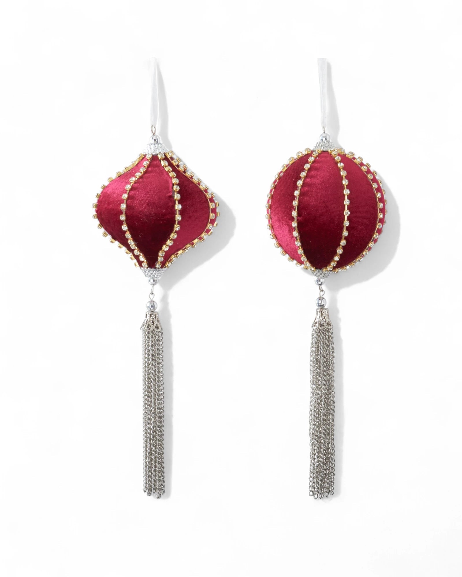 9 Inch Burgundy Velvet Ornaments w/Silver- Set of 2