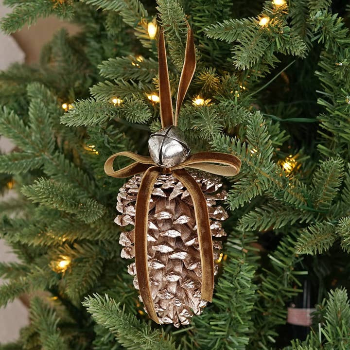 M32878- 6inL Hanging Décor-Jumbo Pinecone W. Bell-Champagne