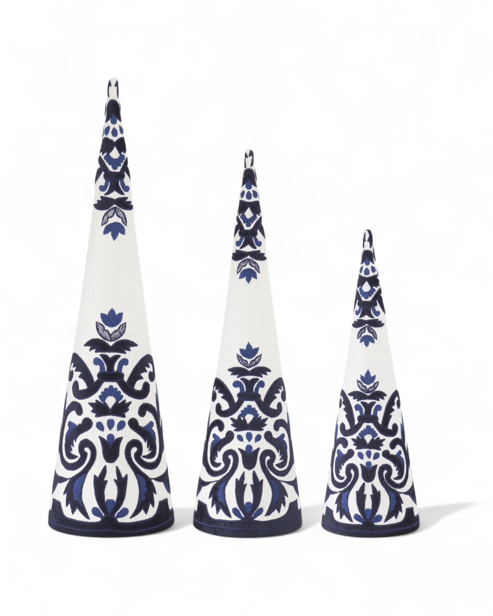 Set of 3 White & Royal Blue Linen Embroidered Cone