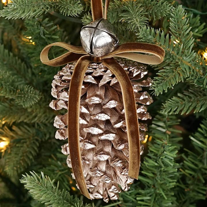M32878- 6inL Hanging Décor-Jumbo Pinecone W. Bell-Champagne