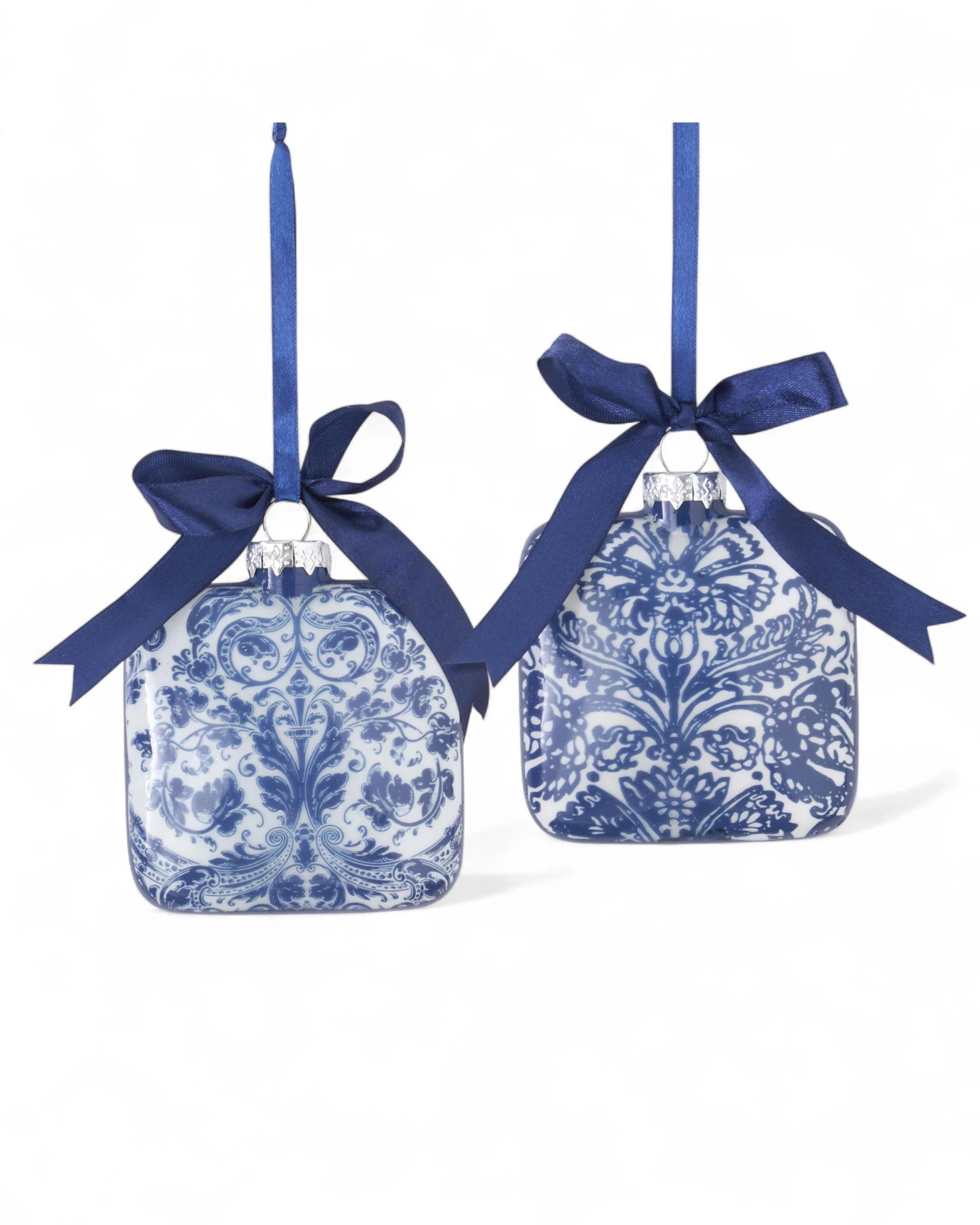 4.25 Inch Blue & White Floral Print Square Ornament