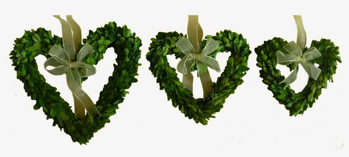 Preserved Boxwood Wreath - Hearts With Ribbon - 3 Piece Set