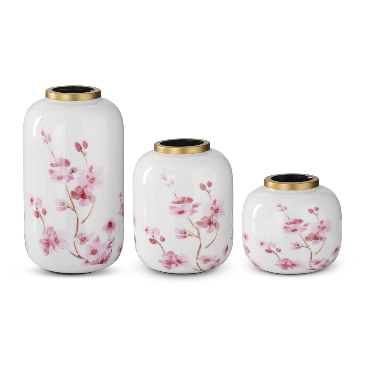 Set of 3 White & Pink Cherry Blossom Enameled Vases