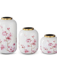 Set of 3 White & Pink Cherry Blossom Enameled Vases