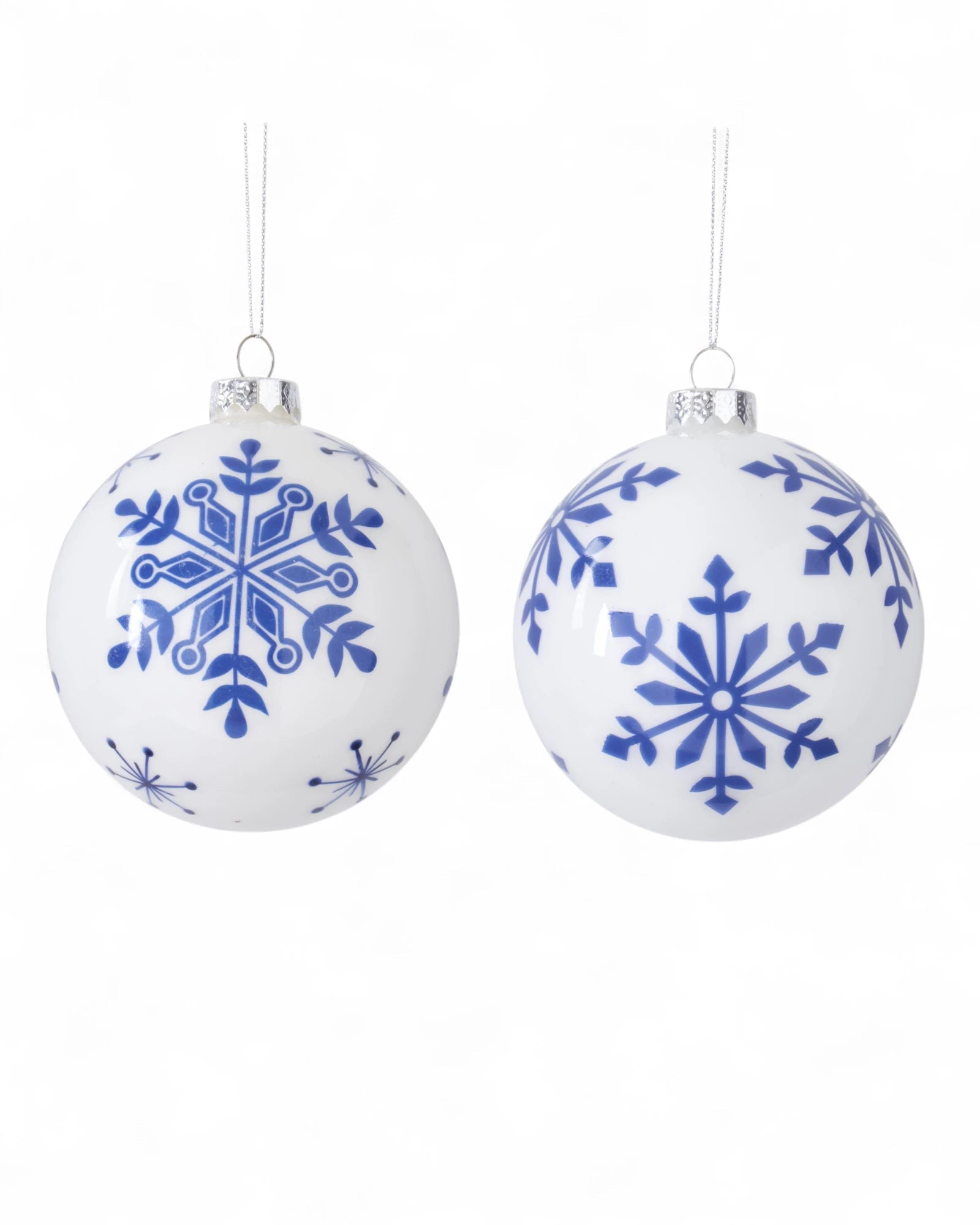 4.25 Inch White w/Blue Snowflakes Glass Ornament