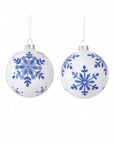 4.25 Inch White w/Blue Snowflakes Glass Ornament